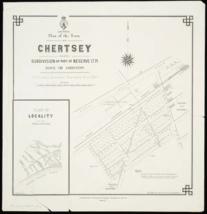 Plan of the town of Chertsey : being subdivision of part of Reserve 1771, Block VIII, Ashburton / J.E. Pickett, assistant surveyor, Nov. 1883 ; J. Kelly delt..