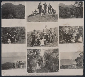 Arrangement of photographs showing John Logan Campbell, and party, celebrating Campbell's 85th birthday on Rangitoto Island, Auckland