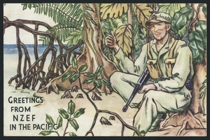 New Zealand National Patriotic Fund : Greetings from NZEF in the Pacific. Wishing you a happy Christmas and a bright new Year, 1943-1944 / Issued with compliments of National Patriotic Fund Board. 1943.