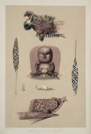 Angas, George French, 1822-1886 :Ornamental canoe heads, paddles &c. / George French Angas delt & lithog. Plate 42. 1847.