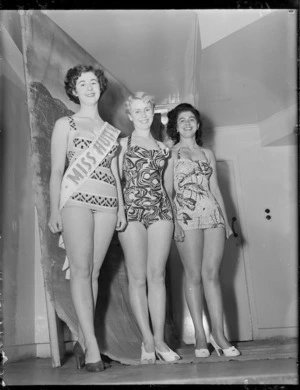 Three women at beauty contest, Wellington Town Hall