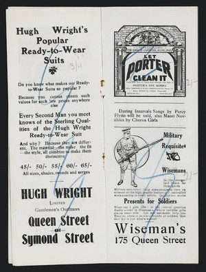 New Zealand Programme Company Ltd :Hugh Wright's popular ready-to-wear suits, Hugh Wright Limited Queen Street and Symond Street; Porter's Dye Works; Wiseman's military requisites, 175 Queen Street [Programme double spread. 1915]