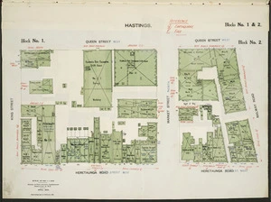 Plan of two town blocks, Hastings, bounded by Railway Road and King, Queen, and Heretaunga streets
