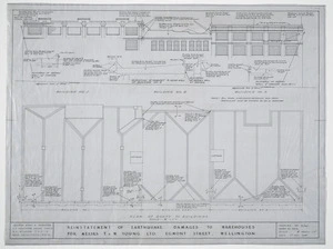 Crichton McKay & Haughton :Reinstatement of earthquake damages to warehouses, for Messrs T & W Young Ltd. Egmont Street, Wellington. Plan of roofs to buildings. Elevations, buildings 1, 2 & 3. 11 October 1944