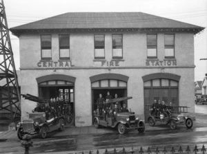 Central Fire Station in New Plymouth, with fire engines and firemen