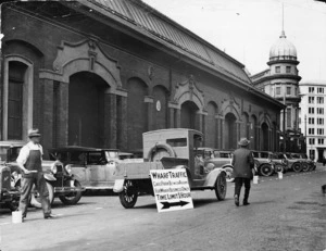 Cars parked outside the Harbour Board's shed 11, Jervois Quay, Wellington