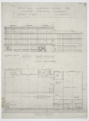 Haughton & McKeon :Office and warehouse premises for Young's Chemical Company, Egmont Street, Wellington. Second floor plan and front elevation. [1951]