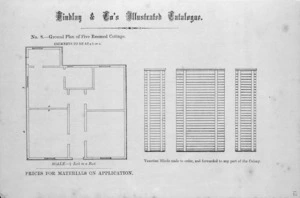 Findlay & Co. :Findlay and Co's illustrated catalogue. No. 8. Ground plan of five roomed cottage. Scale 1/4 inch to a foot. Venetain blinds made to order, and forwarded to any part of the colony. Prices for material on application. [1874]