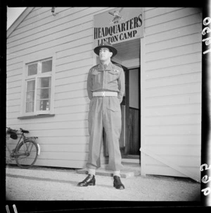 Soldier in front of headquarters