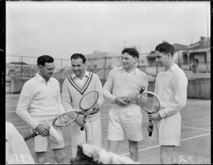 Tennis coach (Danny Pails ?) and tennis players at Wellington Tennis Club courts