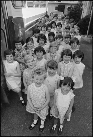 Girls from St Joseph's Orphanage in Upper Hutt, wearing new dresses