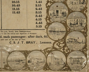[Artist unknown] :Timetable of the Dun Mountain bus running between Nelson and the port. [Horse-drawn bus. Nelson, C. & J.T. Bray, 1867?]