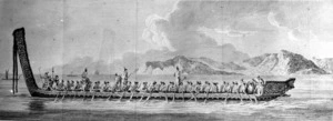 Parkinson, Sydney, 1745-1771 :A war canoe of New Zealand, with a view of Gable End Foreland [ca April 1770]. Plate 16 [1773]