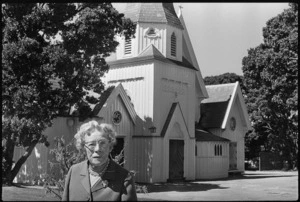 Miss Margaret Thatcher outside Old St Pauls Church, Wellington.