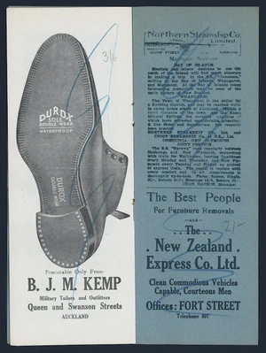New Zealand Programme Company :[Advertising for B J M Kemp, Northern Steamship Company, and the New Zealand Express Company Ltd. Programme double spread. 1915]