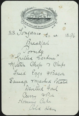New Zealand Shipping Company :S.S. "Tongariro". Breakfast [menu]. 2.4.1896