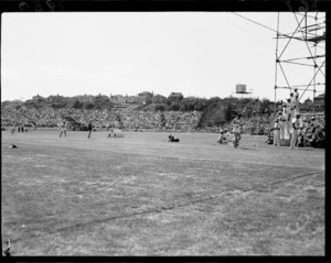 Finish of the men's three-miles event, 1950 British Empire Games, Eden Park, Auckland