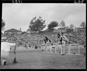 Women's 80-metres hurdles event, 1950 British Empire Games, Eden Park, Auckland