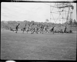 Start of the men's six-miles race, 1950 British Empire Games, Eden Park, Auckland