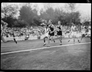 Runners in a race, 1950 British Empire Games, Eden Park, Auckland