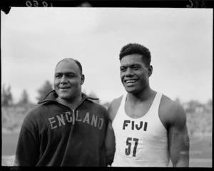 Winners of the men's shotput event, 1950 British Empire Games, Eden Park, Auckland
