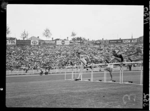 First heat 120-yard hurdles event, 1950 British Empire Games, Eden Park, Auckland