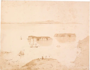 Heaphy, Charles 1820-1881 :The anchorage at Massacre Bay. Aorere mountains in the distance. [1843]