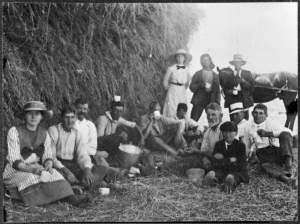 Group of people gathered at harvest time, Willow Park, Masterton