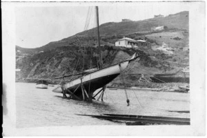 The yacht Janet hauled up on a slipway at Balaena Bay, Wellington