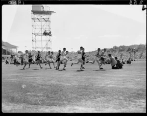 Runners in the three-mile event, 1950 British Empire Games, Eden Park, Auckland