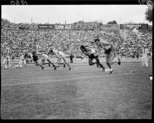 False start in a track event, 1950 British Empire Games, Eden Park, Auckland