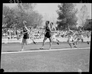 Eighth lap of the men's three mile race at the 1950 British Empire Games, Eden Park, Auckland