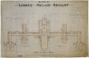 Lawson, Robert Arthur, 1833-1902 :Lunatic Asylum, Seacliff. Plan of first floor. Drawing No. 2. 1881.