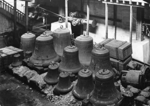 Bells for the National War Memorial Carillon in Wellington, after being unloaded at Kings Wharf, Wellington