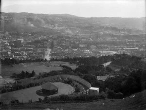 Looks over Newtown, Wellington, showing the gardens of Government House