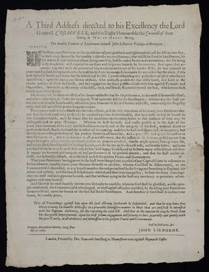 A third address directed to his Excellency the Lord Generall Cromwell, and the Right Honourable the Councell of State sitting at White-Hall: Being, the humble petition of Lieutenant-Colonell John Lilburne prisoner in Newgate.