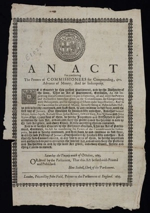 An act for continuing the powers of Commissioners for Compounding, &c. advance of money; and for indempnity.