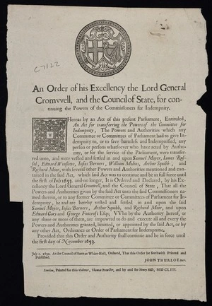 An order of his Excellency the Lord General Cromvvell, and the Council of State, for continuing the powers of the commissioners for indempnity.