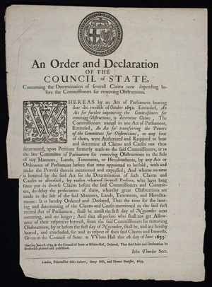 An order and declaration of the Council of State, concerning the determination of severall claims now depending before the commissioners for removing obstructions.