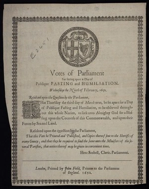 Votes of Parliament for setting apart a day of publique fasting and humiliation. Wednesday the ninth of February, 1652.