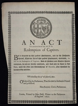 An act for continuation of the Act for redemption of captives.