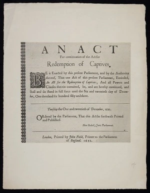An Act for continuation of the Act for redemption of captives.