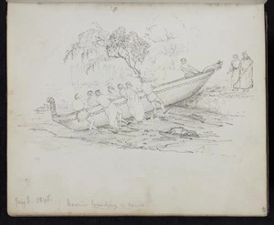 (38) Maories launching a canoe