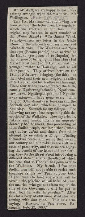 News clippings on Maori matters, particularly the Hau-Hau, printed broadsheets and translations of documents