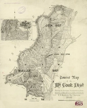 Brodrick, Thomas Noel, 1855-1931 : Tourist Map of the Mt Cook District - Shewing the Hermitage Accommodation House, mountain ranges, glaciers, tracks, reserves etc [map with ms annotations]. [ca 1898]