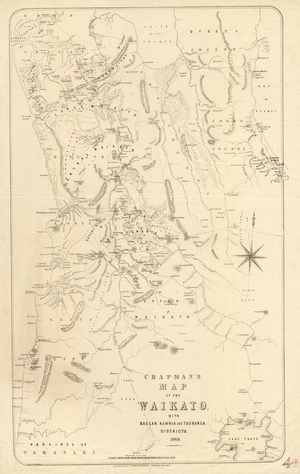 Chapman, George Thomson, 1824-1881 :Chapman's map of the Waikato with Raglan, Kawhia and Tauranga districts [map]. 1866