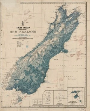 New Zealand. Department of Lands and Survey : South Island (Te Wai-Pounamu) New Zealand - showing the state of the public surveys [map with ms annotations]. 1911