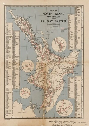 New Zealand. Government Printer : Map of North Island New Zealand showing railway system [map with ms annotations]. 1958