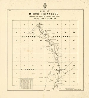 New Zealand. General Survey Office : Plan of minor triangles for connecting surveys on the Main Trunk Railway in the King Country [map with ms annotations]. 1889