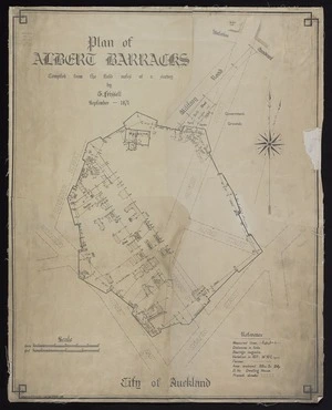 Fletcher, R.S., fl 1936 :Plan of Albert Barracks [map]. Compiled from the field notes of a survey by G. Frissell, September 1871. (Auckland. Lands Department, 1936).